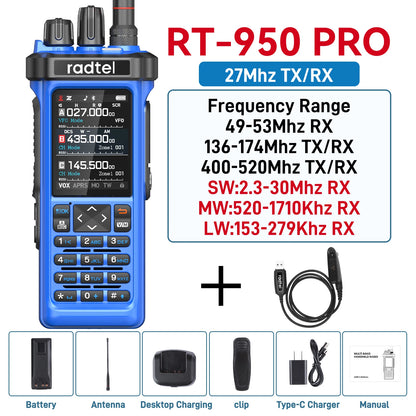 Radtel RT-950 PRO Blue + Programming Cable Walkie Talkie with GPS APRS 10W Bluetooth Phone Programming Ham Radio RT-950PRO SSB
