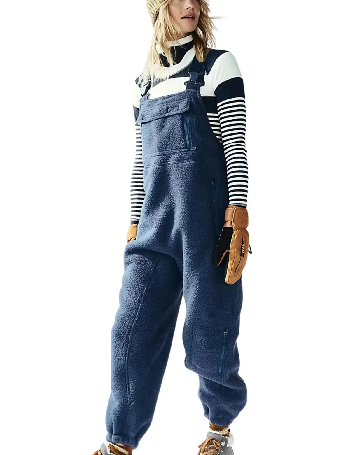 Women Fleece Warm Overalls Loose Casual Jumpsuits One-Piece Bibs Adjustable Suspender Straps Winter Fuzzy Soft Comfy Ski Pants