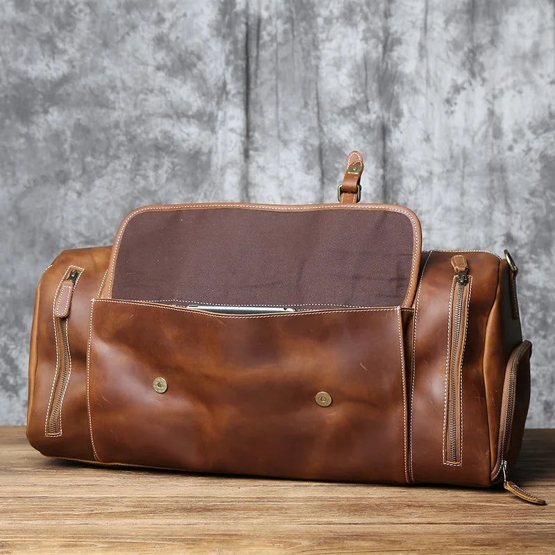 Vintage Genuine Leather Men's Travel Bag Crazy Horse Leather Duffel Bag Large Capacity Top-Layer Cowhide Handbag Crossbody NZPJ
