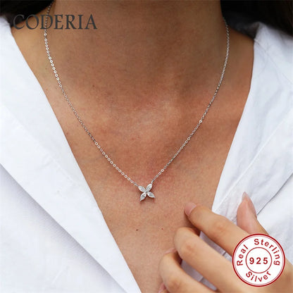 Single 0.3CT Moissanite Necklace Plated with 14K White Gold Fashion 925 Sterling Silver Four-Leaf Clover Pendant Clavicle Chain
