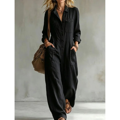 Autumn New Fashion Linen Single Breasted Double Pocket Women's Work Jumpsuit Casual Loose Vacation Female Rompers 2026