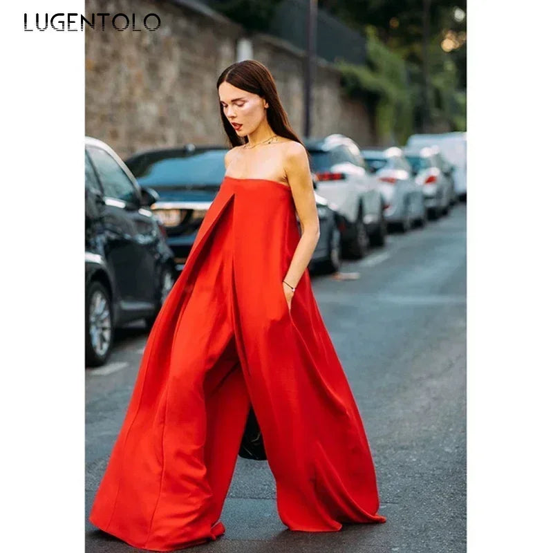 Sexy Jumpsuit Women Breast Wrap Red Summer Thin High Waist Pocket Lady Loose Elegant Wide Leg Pants Long Jumpsuits