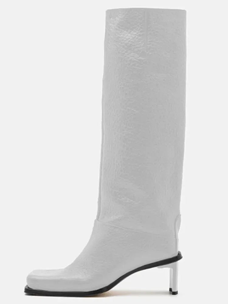 2026New Fashionable Square Head High Heels Women's Knee Length Boots with Side Zipper Stone Pattern Women's Mid Length Boots