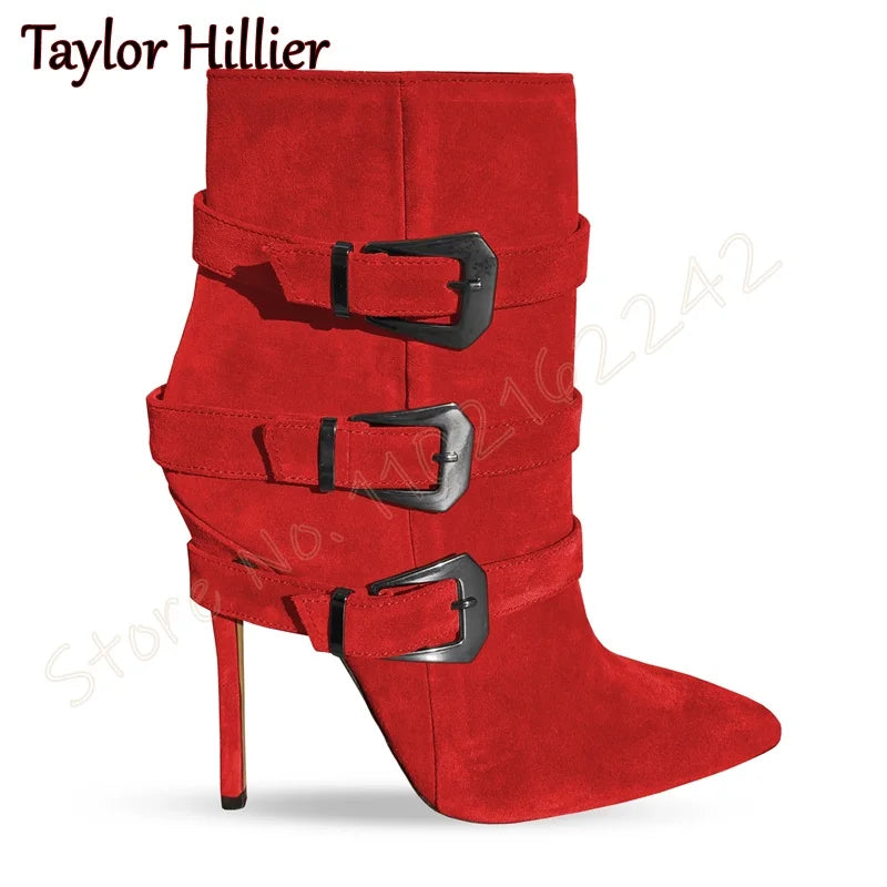 Rose Red Suede Belt Buckle Short Boots Pointed Toe Stiletto Side Zipper Modern Boots Fashion Party Catwalk Luxury Short Boots 46