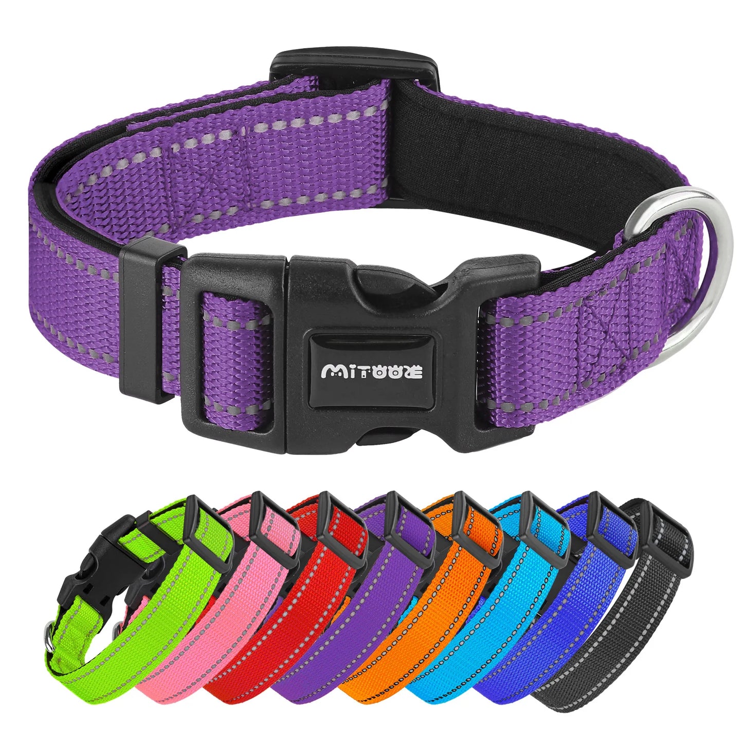 Reflective Adjustable Padded Dog Collar Soft Breathable Pet Neck Strap for Medium Large Dogs Durable Safety Collar for Night
