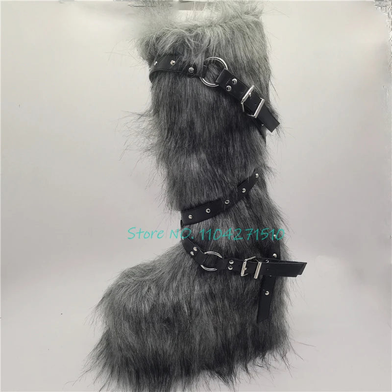 Black Fur Platform Knee High Boots for Women Punk Rivet Belt Buckle Strap Snow Boots Winter Warm Fashion Y2K Girl Shoes Big Size