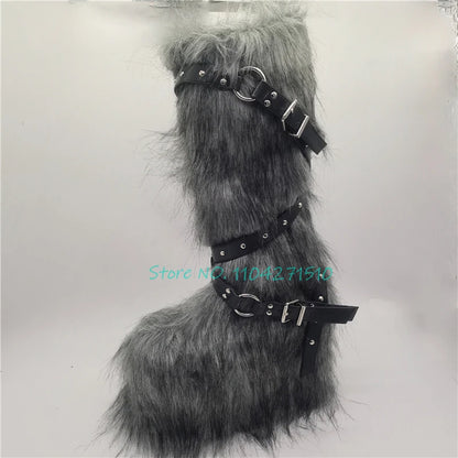 Black Fur Platform Knee High Boots for Women Punk Rivet Belt Buckle Strap Snow Boots Winter Warm Fashion Y2K Girl Shoes Big Size
