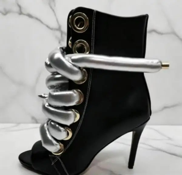 Red White Matte Leather Cross Tied Lace Up Ankle Boots Peep Toe Big Gold Silver Metallic Braided Straps High Heel Booties Shoes
