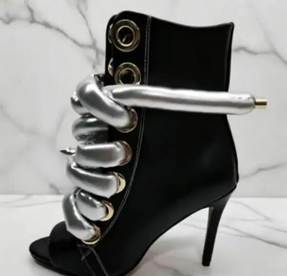 Red White Matte Leather Cross Tied Lace Up Ankle Boots Peep Toe Big Gold Silver Metallic Braided Straps High Heel Booties Shoes