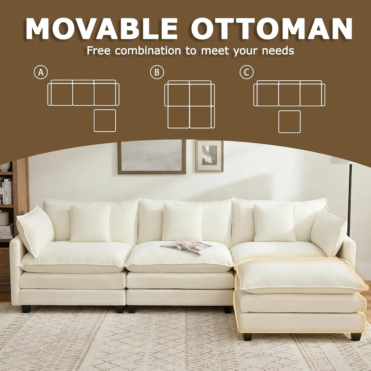 113" Modular Sectional Sofa, L Shaped Cloud Couch with Ottoman, Custom