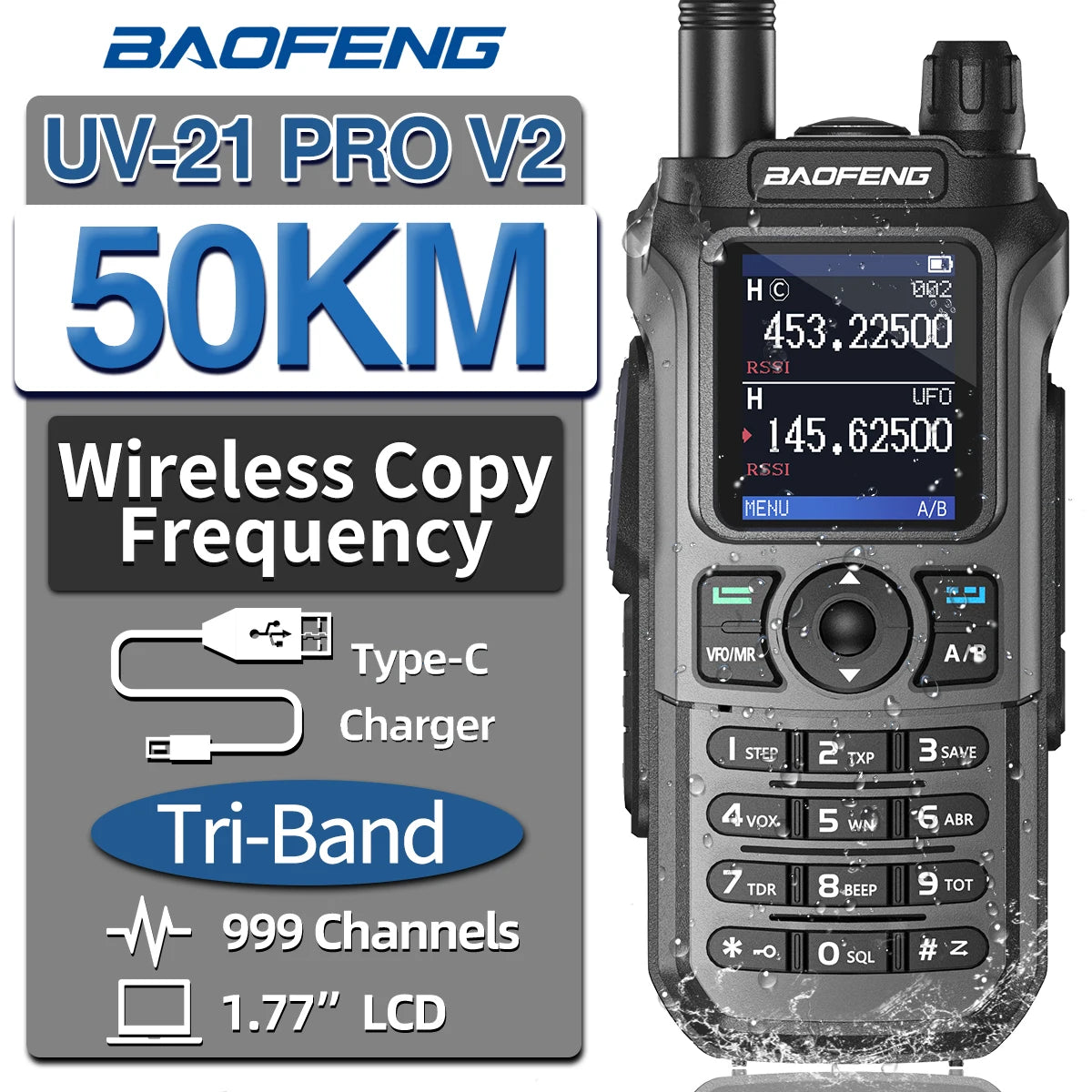 Baofeng UV-21 Pro V2 Wireless Copy Frequency Tri Band Powerful Waterproof Long Range UV-5R Long Range Type-C Two Way Ham Radio