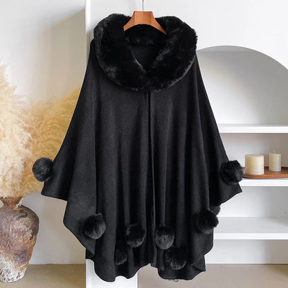 Winter New Thicken Women's Mink Wool Full Trims Faux Fur Cape - Hooded Loose Fleece Cloak Coat for Party Dress Wraps Warm