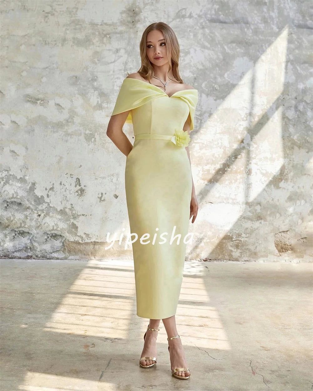 Customized Jersey Flower Ruched Evening A-line Off-the-shoulder Bespoke Occasion Gown Midi Dresses