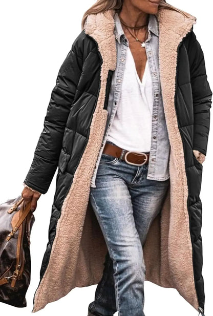 Women's 2023 Warm Winter Coats Reversible Sherpa Fleece Long Hooded Puffer Jackets Outerwear