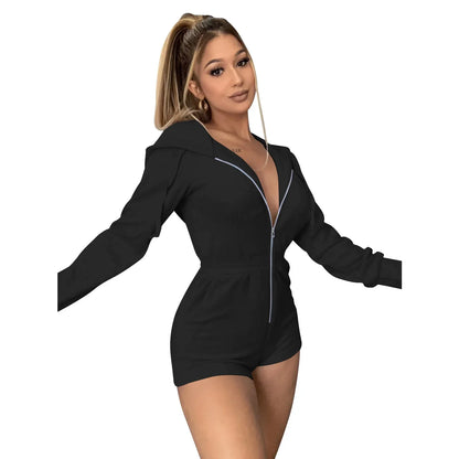 Hooded Jumpsuit Women Short Jumpsuit Black Blue Neon Geen Pink Overalls One Piece Outfit Jumpsuit Women Rompers Ropa Mujer