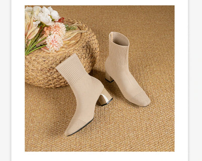 Black Square Toe Knit Sock Boots Elastic Slim Thick Block Heel High Heels Short Boots Fashion Autumn Casual Skinny Ankle Boots