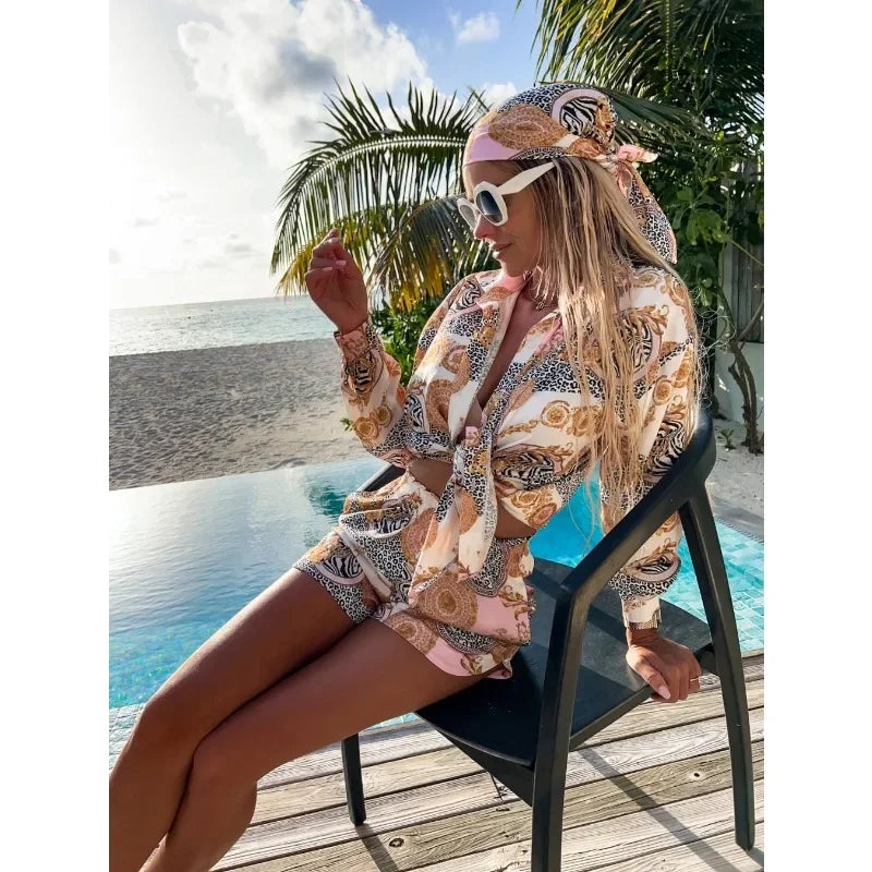 Summer Women's Fashion Printed Shorts Set with Polo Collar Long Sleeve Fashion Set Holiday Beach Women's Shorts Set