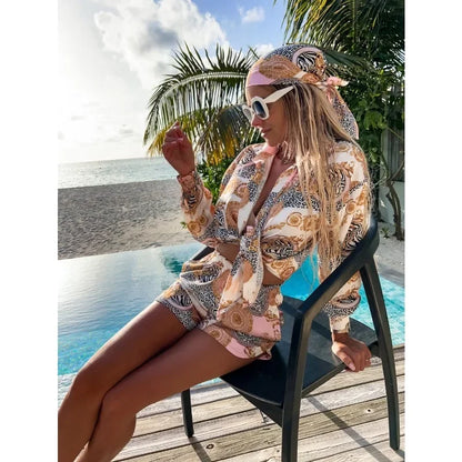 Summer Women's Fashion Printed Shorts Set with Polo Collar Long Sleeve Fashion Set Holiday Beach Women's Shorts Set