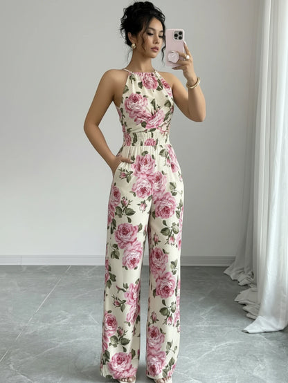 Women Halter Wrap Front Printed Wide Leg Jumpsuit For Casual Streetwear Vacation And Daily Occasion