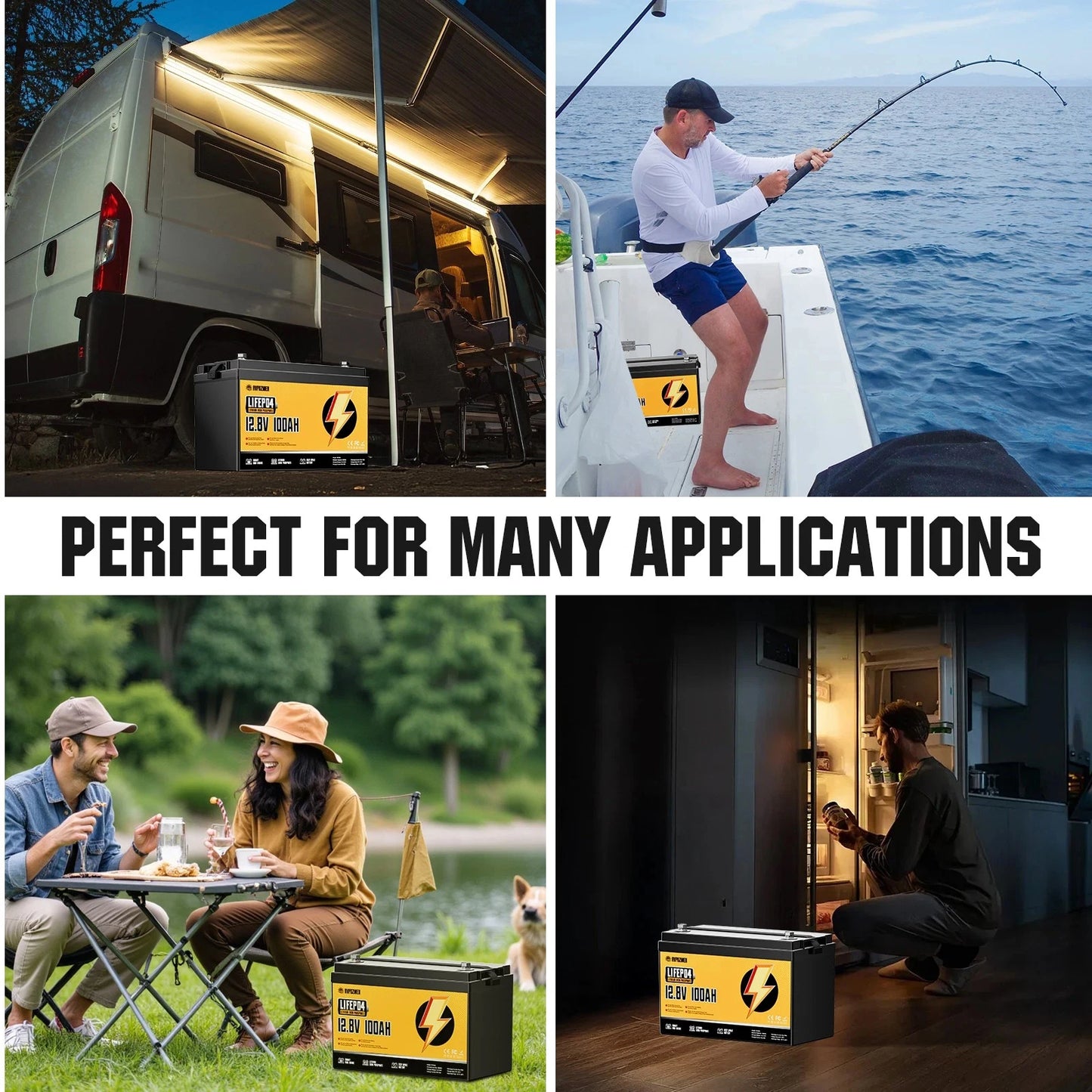 RVPOZWER,12.8V/100Ah Lithium Iron Phosphate Storage Accumulator,Shockproof Long Cycle Rechargeable Portable Battery Integrated BMS,Ideal For Caravan,Sailing Boat,Travel Car,Remote Cabin Off-Grid Power,Household Standby Electr