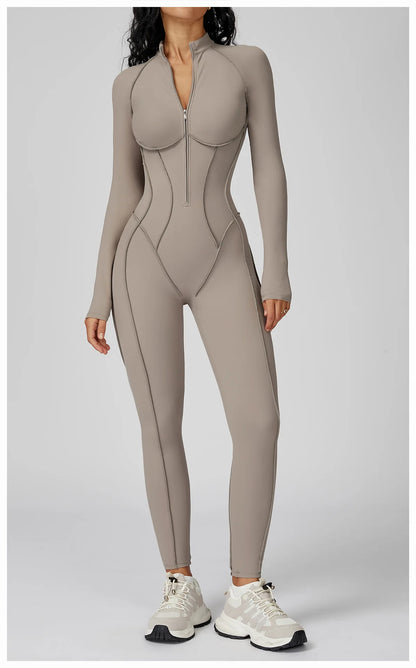 Sexy Rompers Workout Zipper Jumpsuit Long Sleeves Sports Bodysuits Women Gym Running Fitness Suits Gym Tracksuit Sportswear