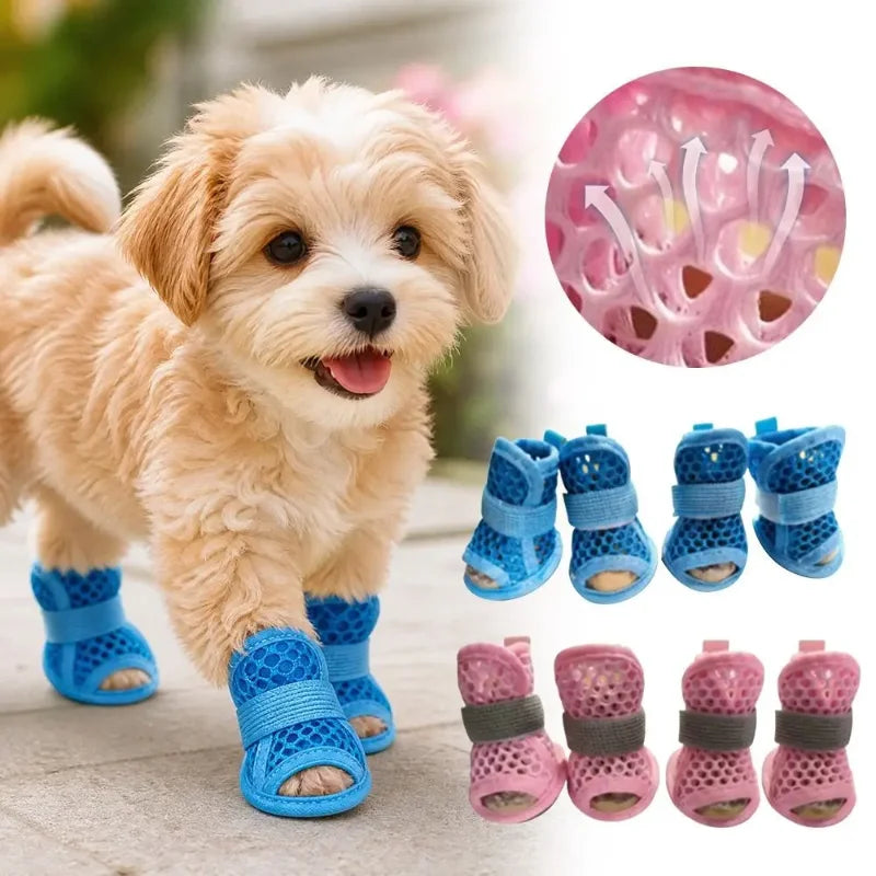 4PC Breathable Mesh Dog Shoes for Small Dogs Summer Pet Sandals Anti Slip Elastic Strap Outdoor Puppy Booties Cute Paw Protector