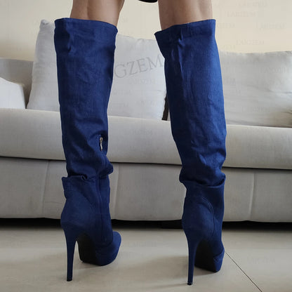 LAIGZEM Women Over Knee High Boots Denim Botas Mujer Platform High Heels Boots Unisex Ladies Shoes Woman Big Size 41 43 45 50 52