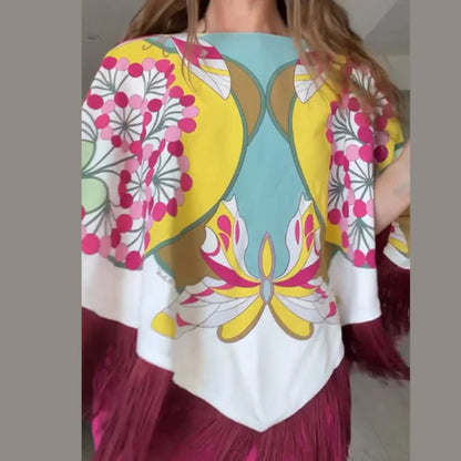 Women Art Floral Print Feather Hem Maxi Dress Short Sleeve Crew Neck Loose Fit Dresses 2026 Summer Fashion Elegant Lady Outwear