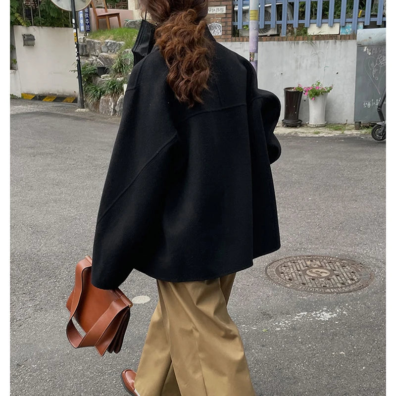 Women Winter Woolen Coat Fall Turn-Down Collar Single Breasted Loose Female Long Sleeve Jacket Office Lady Street Short Coats
