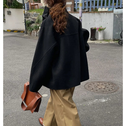 Women Winter Woolen Coat Fall Turn-Down Collar Single Breasted Loose Female Long Sleeve Jacket Office Lady Street Short Coats