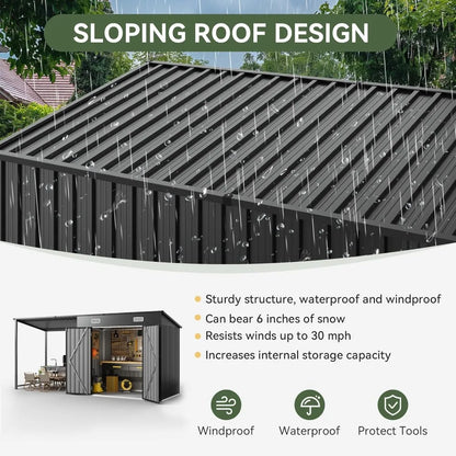 6x4FT Outdoor Metal Shed and Hardtop Gazebo Combo 12x4FT Lean to with PergolaA Black