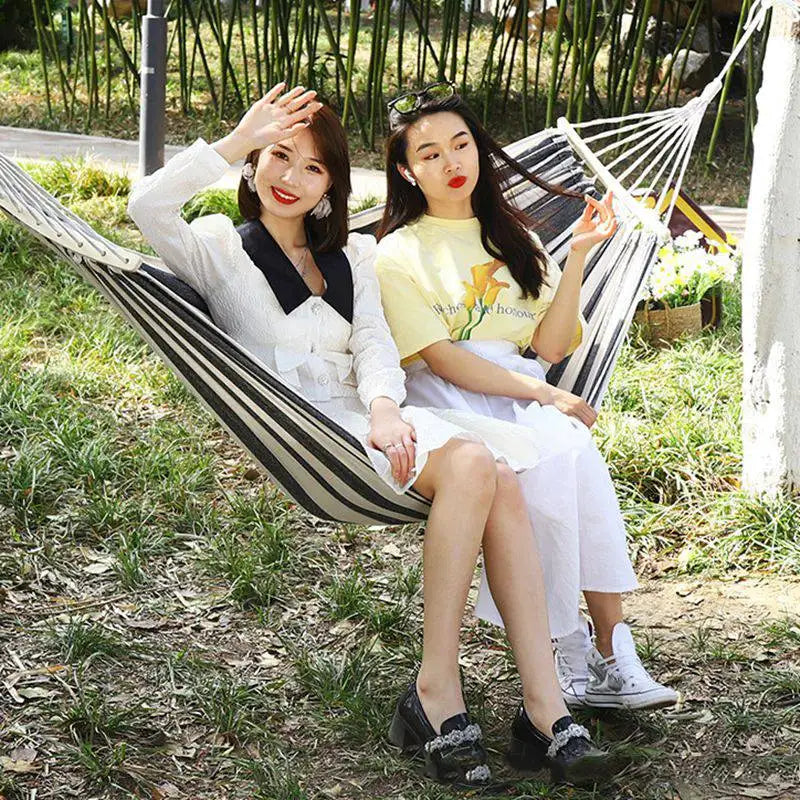 Outdoor Canvas Hammock Portable Single Double Thickened Anti-Rollover Striped Hammock Travel Camping Hanging Swing With Bag