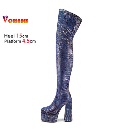 15CM Chunky Heel Platform Woman Over-the-knee Snake Pattern Boots Wild T Show Shoes Sexy Slimming Stretch Thigh Boots For Women