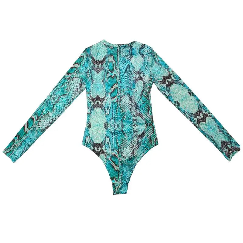 Turquoise Snake Print Long Sleeve One Piece Swimsuit Front Zipper Guard Sportswear High Cut Monokini For Women Summer Surfing