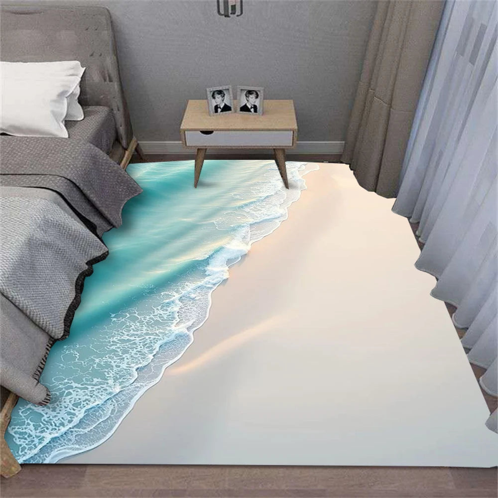 Crystal Velvet Carpet Summer Waves Beach Shell Rug for Living Room Sofa Bedroom Kitchen Hallway Decor