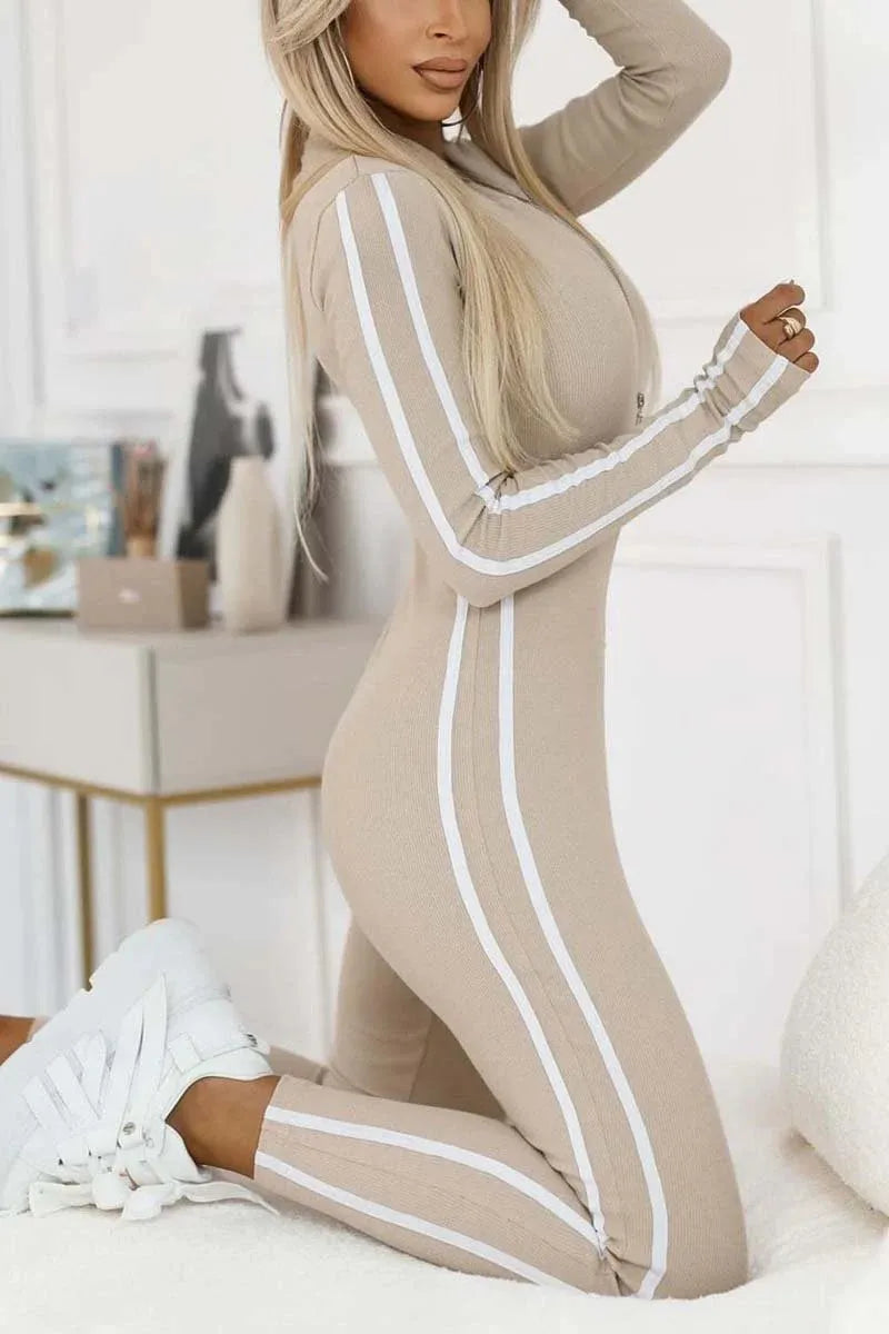 Fashion V-neck Long Sleeve Stripe Bodycon Jumpsuits 2025 Woman Autumn Winter Solid Sport Zipper Slim Jumpsuits For Women
