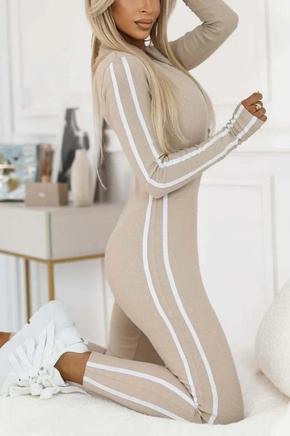 Fashion V-neck Long Sleeve Stripe Bodycon Jumpsuits 2025 Woman Autumn Winter Solid Sport Zipper Slim Jumpsuits For Women