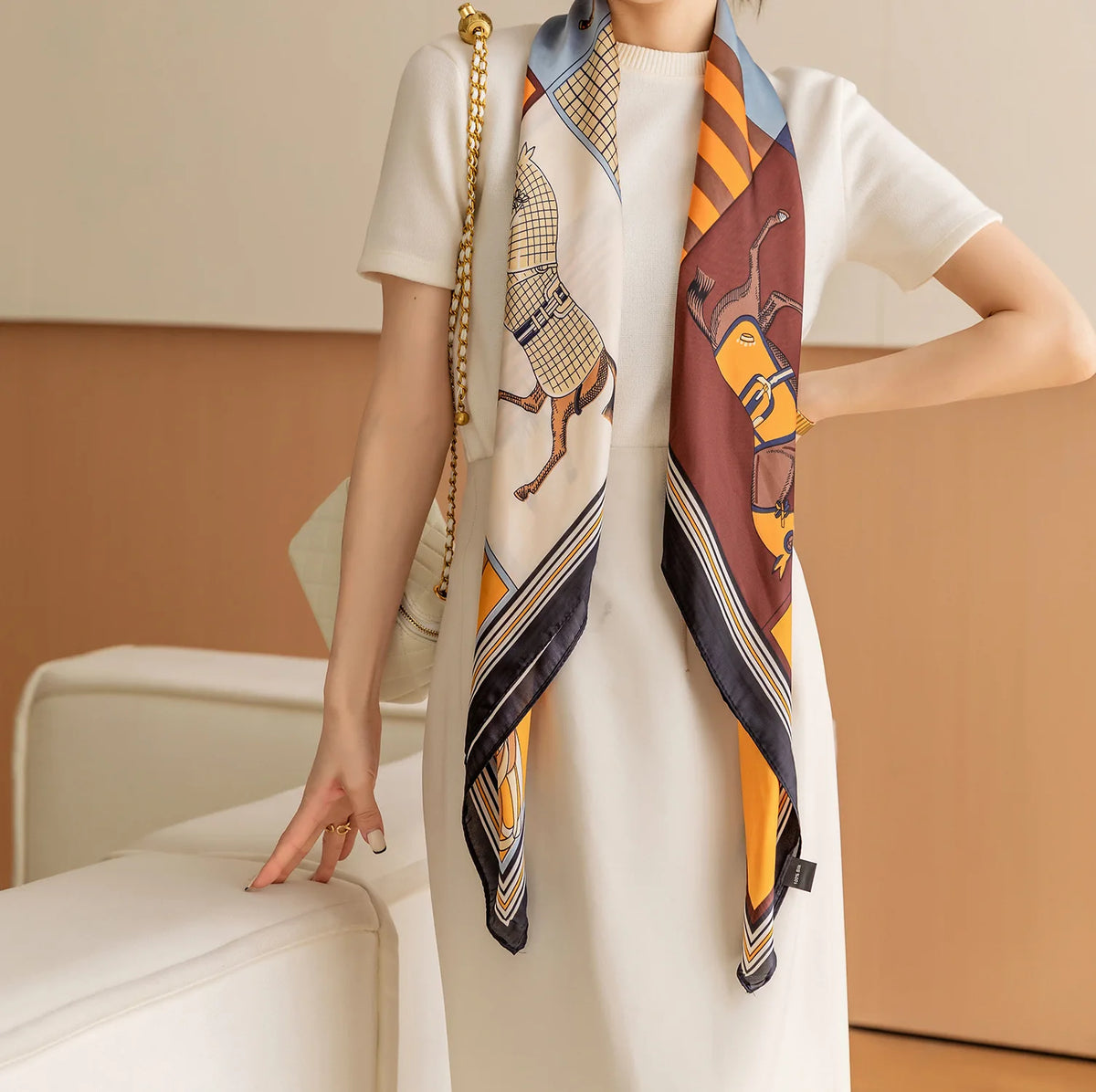 Luxury Horse Print Square Scarf Vintage Imitation Silk Shawl Scarf  Women Windproof Outdoor Head Wrap 110*110cm \[p'[;