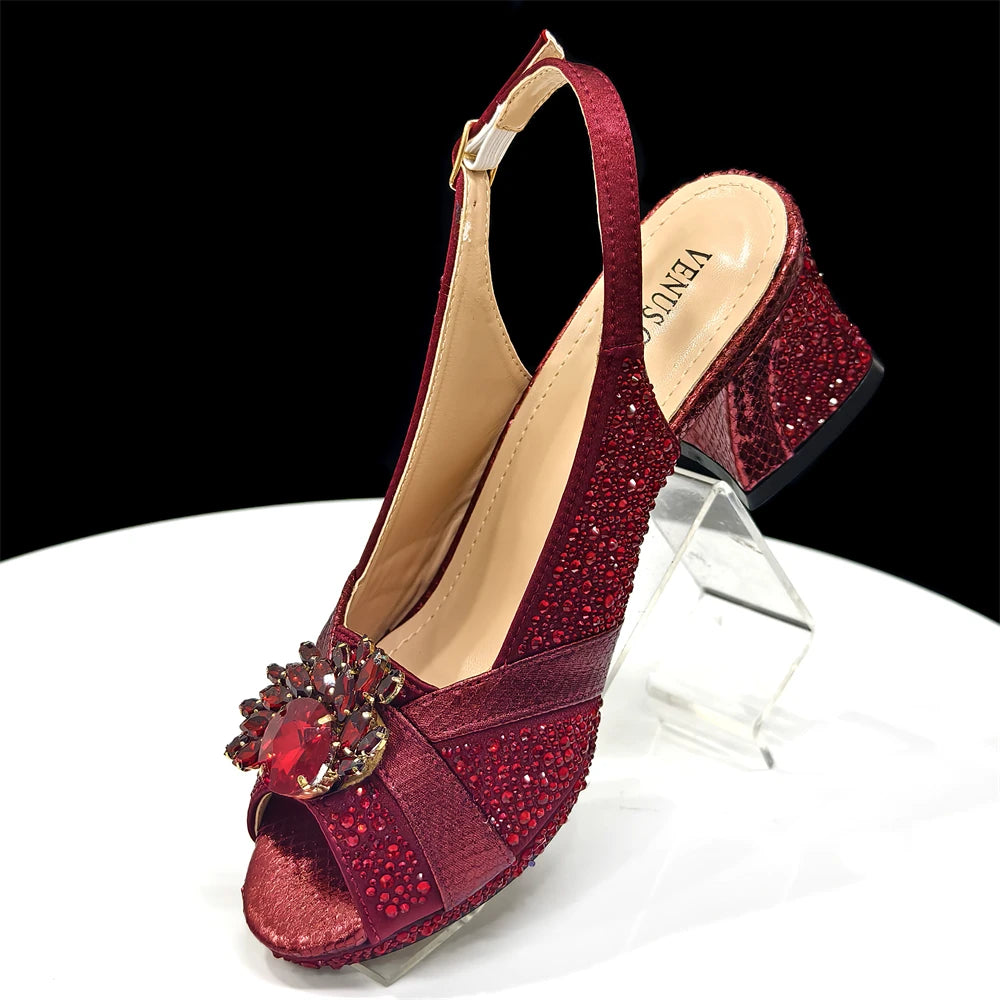 2025 Elegant Women's Peep-Toe Heels and Matching Wine Color Diamond Pumps Set - Stylish Italian Shoes and Bags for Parties