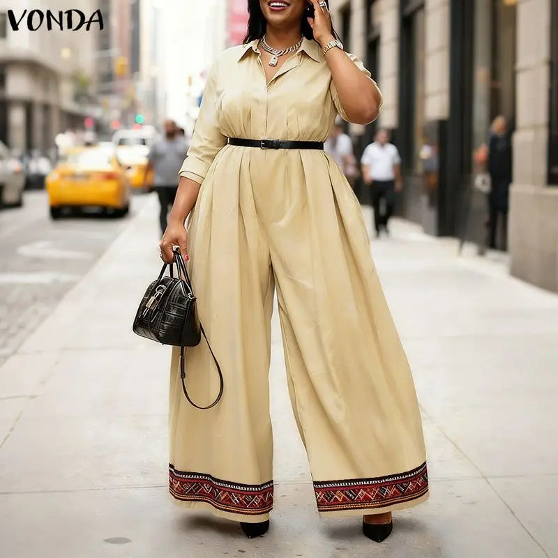 Casual Jumpsuits Plus Size VONDA 2026 Women Long Rompers Elegant Office Lady Overall Patchwork Loose Long Sleeve Playsuits