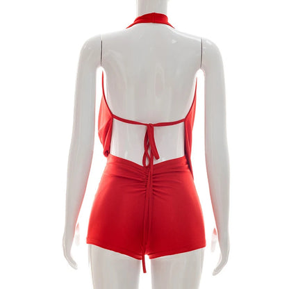 Sexy Deep V-neck Halter Backless Bodycon Rompers Woman Playsuit Sleeveless Ruched Jumpsuit Short Overalls Night Party Outfits