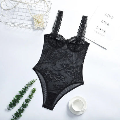 Hirigin Sheer Lace Sexy Underwear Playsuits Ladies Strap Floral Transparent Sexy Bodysuits French Style Sensual Porn Nightwear