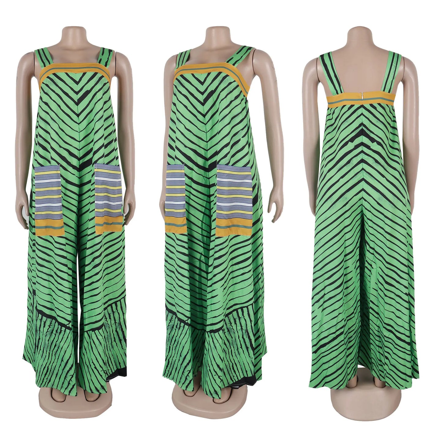 Jumpsuits Women Sling One Piece Print Striped Sleeveless Overalls Wide Leg Long Pants Loose Casual Rompers Elegant Splice