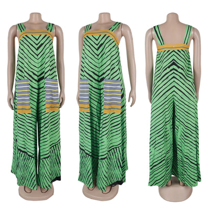 Jumpsuits Women Sling One Piece Print Striped Sleeveless Overalls Wide Leg Long Pants Loose Casual Rompers Elegant Splice