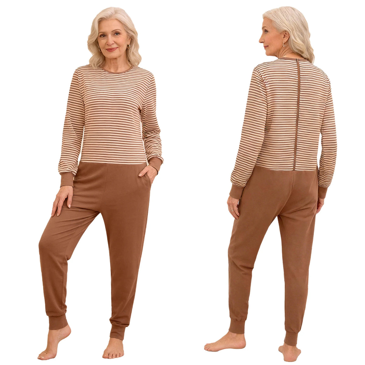 Women Elderly Alzheimer Nursing Jumpsuit Special Need Adaptive Clothing Long Sleeve Back Zipper Anti-strip Stripe Rompers Pajama