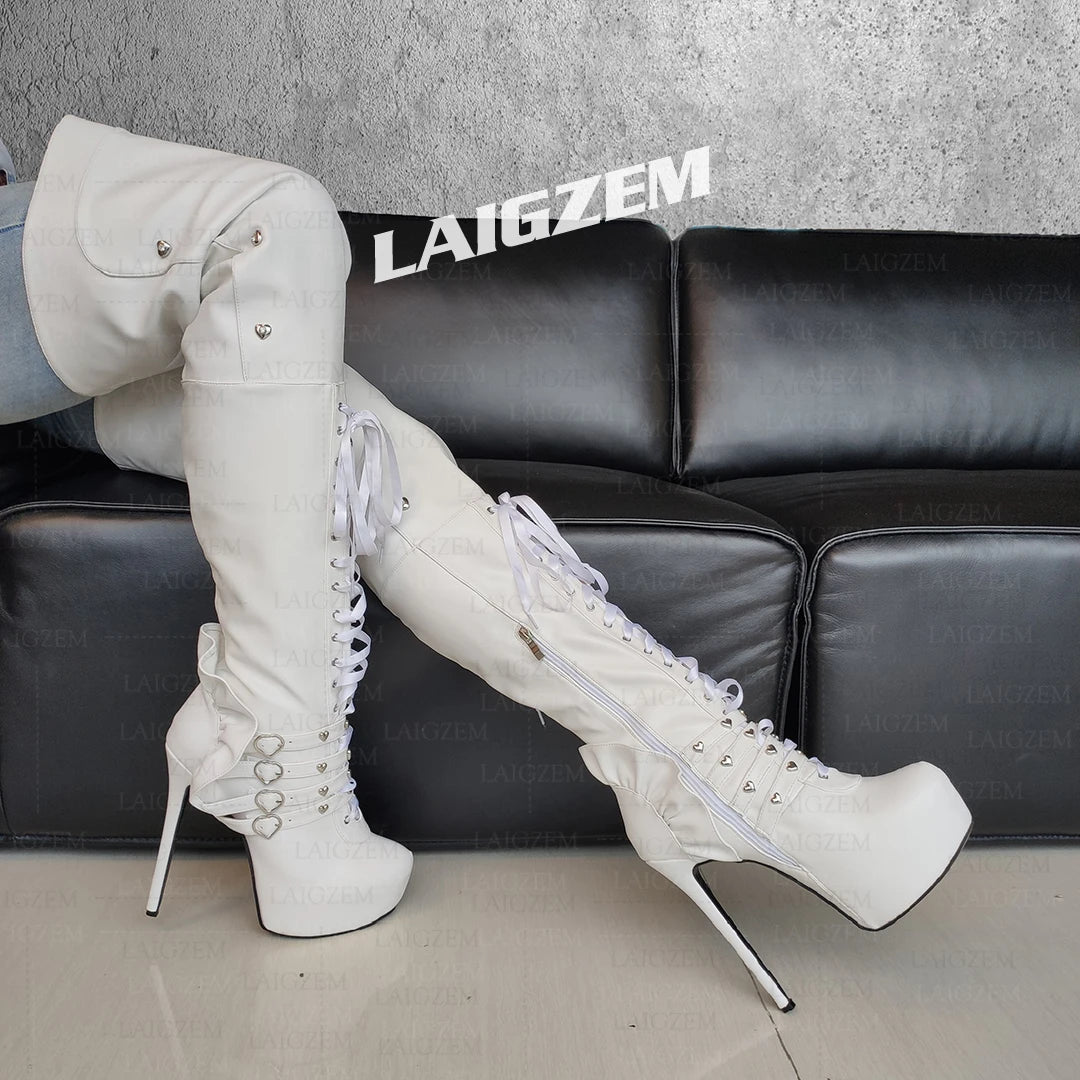 LAIGZEM Women Over Knee Boots Zipper Platform Thin High Heels Boots Buckle Straps Handmade Shoes Woman Big Size 38 41 43 47 52