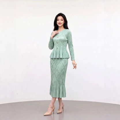 Miyake Pleated Skirt Set Plisse 2026 Autumn New Single-Breasted Flared Long Sleeve Cardigan Top Length Set Slim Fit Versatile