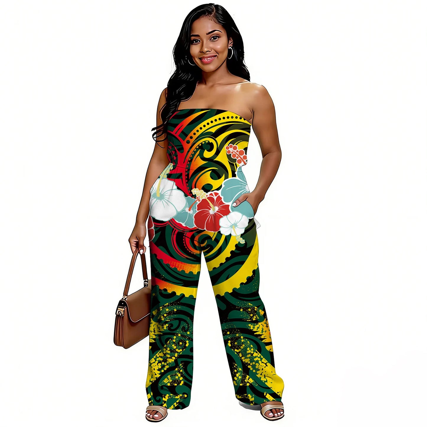 Newly designed Polynesian-style casual loose-shoulder women's one-piece pants with ethnic style - Samoan wide-leg pants