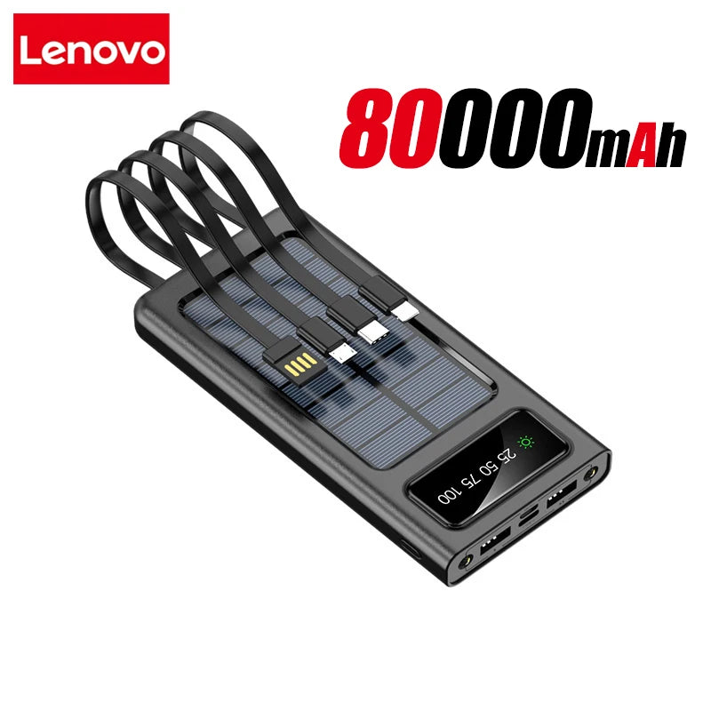 Lenovo Solar Power Bank 200000mAh Large Capacity Mobile Power Fast Charging Battery With Dual USB 4-Cables For iPhone Samsung