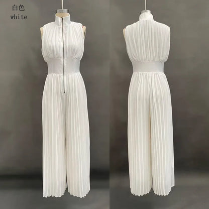 Sexy Deep V Neck Hollow Zip Jumpsuit Women's Spring Solid High Waist Wide Leg Romper Summer Sleeveless Pleated Vacation Overalls